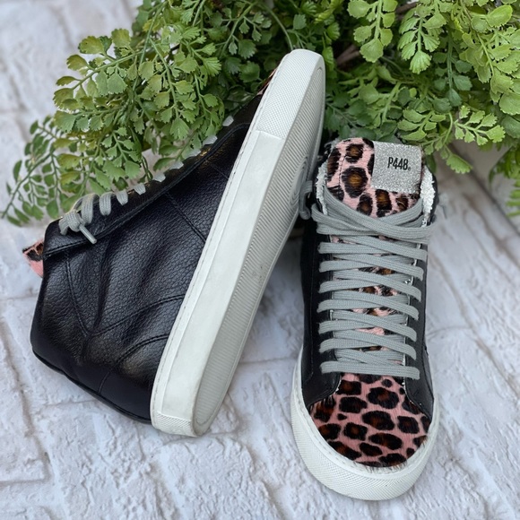 P448 STAR LEATHER HIGH TOP SNEAKER in Pleo Black Leather 35/5 - Picture 8 of 12